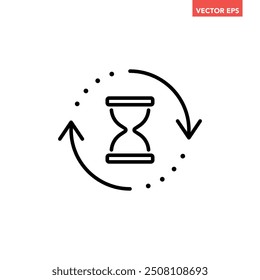 Black single anti aging hourglass line icon, simple standby waiting slow time flat design vector pictogram, infographic interface elements for app logo web button ui ux isolated on white background