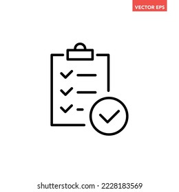 Black single approved checklist line icon, simple office data paper note flat design pictogram, infographic vector for app logo web button ui ux interface elements isolated on white background