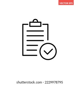 Black single approved clipboard line icon, simple outline office project flat design pictogram, infographic vector for app logo web button ui ux interface element isolated on white background