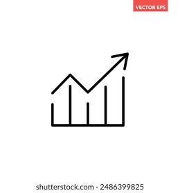 Black single arrow growing up chart graph bars line icon, success graph trending upwards flat design interface infographic element for app ui ux web button, vector isolated on white background