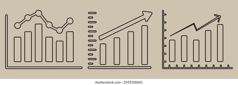 Black single arrow growing up chart graph bars line icon, success graph trending upwards flat design interface infographic element for app ui ux web button, vector isolated on white background