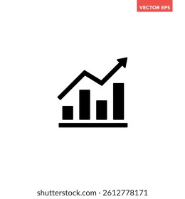 Black single arrow growing up chart graph bars icon, success graph trending upwards flat design interface infographic element for app ui ux web button, vector isolated on white background