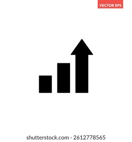 Black single arrow growing up chart graph bars icon, success graph trending upwards flat design interface infographic element for app ui ux web button, vector isolated on white background