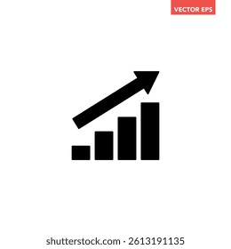 Black single arrow growing up chart graph bars icon, success graph trending upwards flat design interface infographic element for app ui ux web button, vector isolated on white background