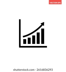 Black single arrow growing up chart graph bars icon, success graph trending upwards flat design interface infographic element for app ui ux web button, vector isolated on white background