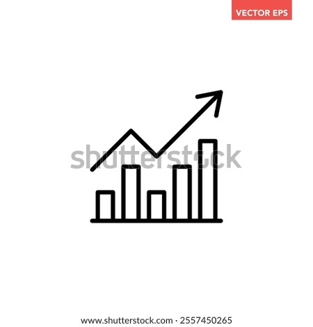 Black single arrow growing up chart graph bars line icon, success graph trending upwards flat design interface infographic element for app ui ux web button, vector isolated on white background