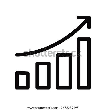 Black single arrow growing up chart graph bars line icon, success graph trending upwards flat design interface element for app web button, vector isolated on white background