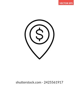Black single bank atm location line icon, simple financial transaction pin flat design vector pictogram, interface elements for app logo web button ui ux isolated on white background