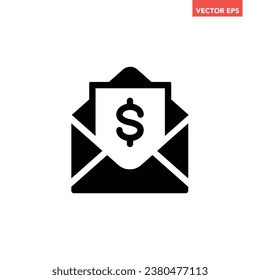 Black single bill invoice icon, simple mailing envelope flat design vector pictogram, infographic interface elements for app logo web button ui ux isolated on white background