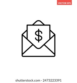 Black single bill invoice line icon, simple mailing envelope flat design vector pictogram, infographic interface elements for app logo web button ui ux isolated on white background