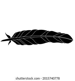 Black single bird feather with white outline vector illustration with transparent background.