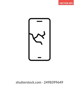 Black single broken phone line icon, simple damaged digital device flat design pictogram vector for app logo ads web webpage button ui ux interface elements isolated on white background