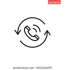 Black single call back line icon, simple recall support flat design pictogram vector for app logo ads web webpage button ui ux interface elements isolated on white background
