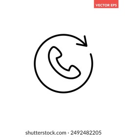 Black single call back line icon, simple recall support flat design pictogram vector for app logo ads web webpage button ui ux interface elements isolated on white background