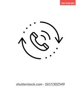 Black single call back line icon, simple recall support flat design pictogram vector for app logo ads web webpage button ui ux interface elements isolated on white background