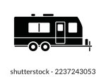 Black single camper trailer icon, simple recreational vehicle flat design pictogram, infographic vector for app logo web button ui ux interface elements isolated on white background