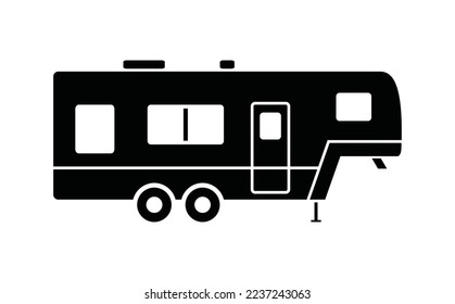 Black single camper trailer icon, simple recreational vehicle flat design pictogram, infographic vector for app logo web button ui ux interface elements isolated on white background