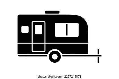 Black single camper trailer icon, simple recreational vehicle flat design pictogram, infographic vector for app logo web button ui ux interface elements isolated on white background