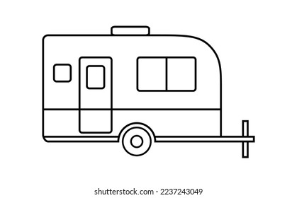 Black single camper trailer line icon, simple recreational vehicle flat design pictogram, infographic vector for app logo web button ui ux interface elements isolated on white background