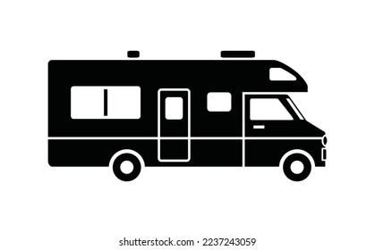 Black single camper van icon, simple rv car, recreational vehicle flat design pictogram, infographic vector for app logo web button ui ux interface elements isolated on white background