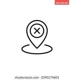 Black single cancel location line icon, simple map pin anchor sign glyph flat design vector pictogram, infographic interface elements for app logo web button ui ux isolated on white background