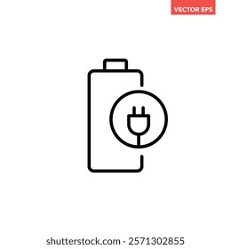 Black single charging battery indicator line icon, simple charging flat design vector pictogram, infographic interface elements for app logo web button ui ux isolated on white background