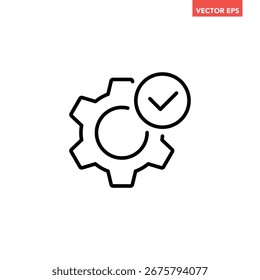 Black single check setting line icon, technical specification conformity badge flat design infographic pictogram vector for app logo web button ui ux interface elements isolated on white background