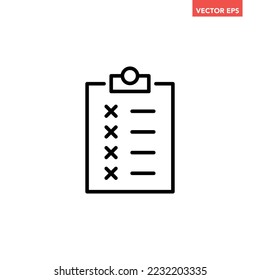 Black single checklist with wrong answers line icon, simple outline office data flat design pictogram, infographic vector for app logo web button ui ux interface elements isolated on white background