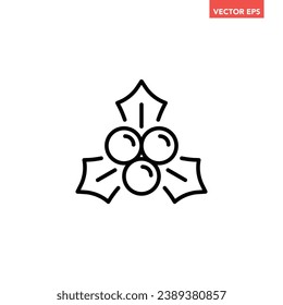 Black single Christmas holly line icon, simple holiday branch plant flat design pictogram, infographic vector for app logo web button ui ux interface isolated on white background