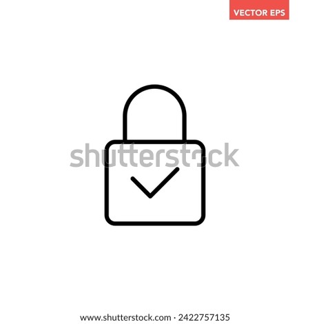 Black single closed lock approved line icon, simple password protection flat design pictogram vector for app ads web banner button ui ux interface elements isolated on white background