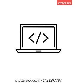 Black single coding laptop line icon, simple programming computer flat design pictogram vector for app ads web banner button ui ux interface elements isolated on white background