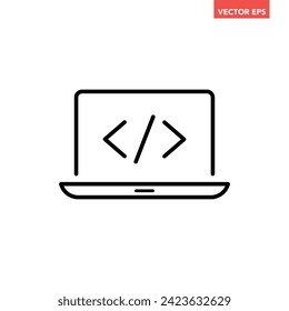 Black single coding laptop line icon, simple programming computer flat design pictogram vector for app ads web banner button ui ux interface elements isolated on white background