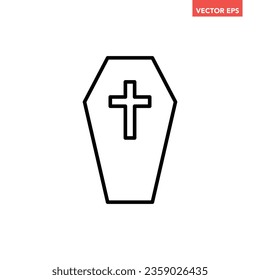 Black single coffin with cross line icon, simple death symbol element outline flat design pictogram, infographic vector for app logo web button ui ux interface isolated on white background