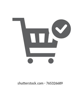 Black single completed Order icon with check mark, simple cart done flat design vector pictogram vector for app ads logotype web button ui ux interface elements isolated on white background