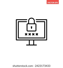Black single computer cyber security line icon, simple digital device protection flat design pictogram vector for app ads web banner button ui ux interface elements isolated on white background
