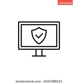 Black single computer with security shield line icon, simple digital technology flat design infographic pictogram vector, for app logo web button ui ux interface elements isolated on white background