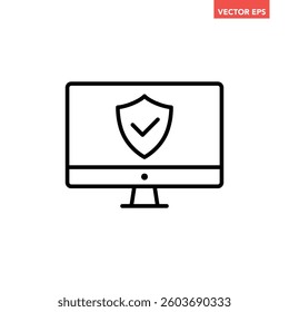 Black single computer with security shield line icon, simple digital technology flat design infographic pictogram vector, for app logo web button ui ux interface elements isolated on white background