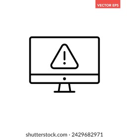 Icono de línea de advertencia de computadora única negra, vector de pictograma de diseño plano de error de sistema digital simple para anuncios de logotipo de aplicaciones botón web ui ux elementos de interfaz aislados sobre fondo blanco
