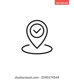 Black single confirmed location line icon, simple map pin sign with check mark flat design vector pictogram, infographic interface elements for app logo web button ui ux isolated on white background