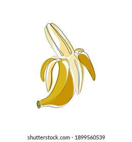 Black Single Continuous One Line Drawing. Tropical Banana Fruit. Vector Editable Illustration. Minimal abstract art. Linear art on white background with colorful spots. Isolated Elements