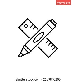 Lápiz de marcador cruzado simple negro e icono de línea de regla, herramienta simple de dibujo de contorno pictograma de diseño plano, vector infográfico para el logotipo de aplicación botón web ui ux elementos de interfaz aislados en fondo blanco