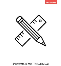 Black single crossed pencil and ruler line icon, simple outline drawing tool flat design pictogram, infographic vector for app logo web button ui ux interface elements isolated on white background