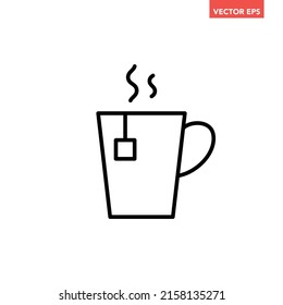 Black single cup of tea line icon, simple outline hot drink with teabag flat design pictogram, infographic vector for app logo web button ui ux interface elements isolated on white background