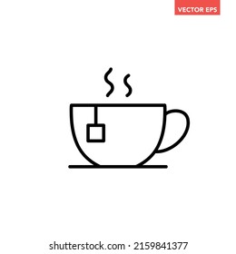 Black single cup of tea line icon, simple outline hot drink with teabag flat design pictogram, infographic vector for app logo web button ui ux interface elements isolated on white background
