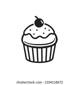 Black single cupcake line icon. Simple yummy cafe food flat design pictogram, clip art vector illustration for ads app logo ads web banner button ui ux interface elements isolated on white background