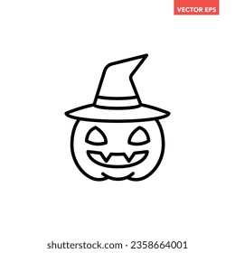 Black single cute halloween pumpkin with witch cap line icon, simple element outline flat design pictogram, infographic vector for app logo web button ui ux interface isolated on white background
