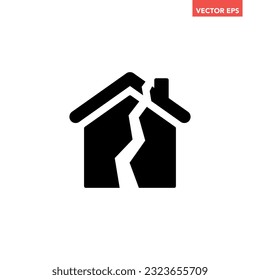 Black single damage house icon, simple broken family relationship flat design illustration infographic pictogram vector, app logo web button ui ux interface elements isolated on white background