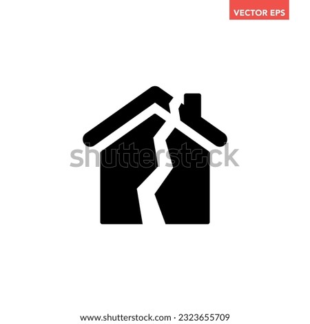Black single damage house icon, simple broken family relationship flat design illustration infographic pictogram vector, app logo web button ui ux interface elements isolated on white background