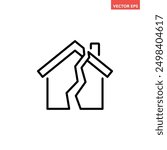 Black single damage house line icon, simple broken family relationship flat design illustration infographic pictogram vector, app logo web button ui ux interface elements isolated on white background