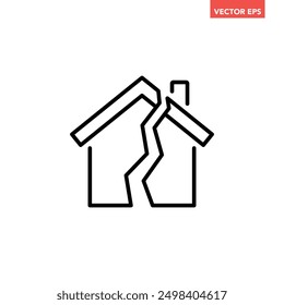 Black single damage house line icon, simple broken family relationship flat design illustration infographic pictogram vector, app logo web button ui ux interface elements isolated on white background